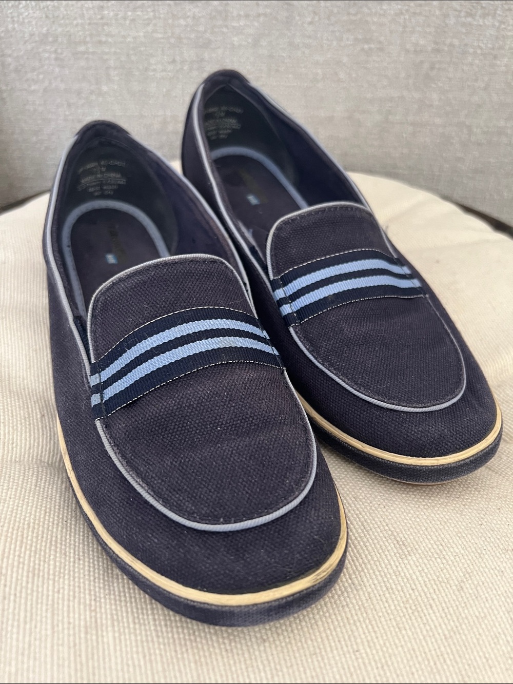 Keds Grasshoppers Navy Canvas Slip-On Loafers with Light Blue Grossgrain Stripe